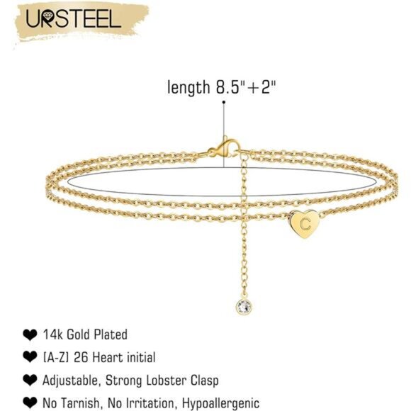 Ankle Bracelets for Women, 14K Gold Plated Dainty Layered Heart Initial Anklets - Picture 2 of 7